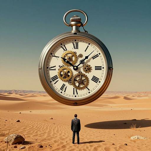 Photorealistic image of a giant, metallic pocket watch with gears and Roman numerals hovering over a lone man in a suit standing in a vast,