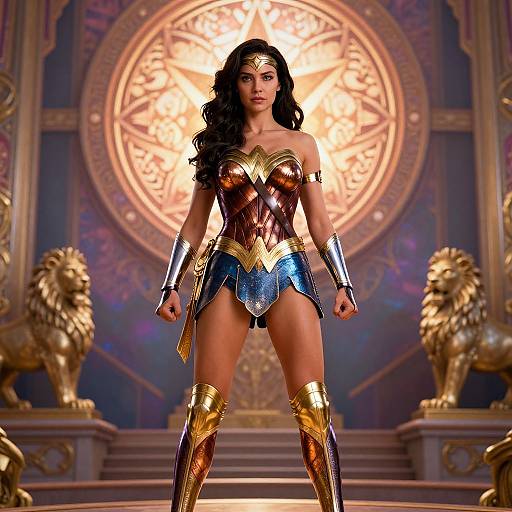 Digital artwork of Wonder Woman standing confidently in ornate, golden-lion adorned room, wearing her iconic armor with gold and blue accents.