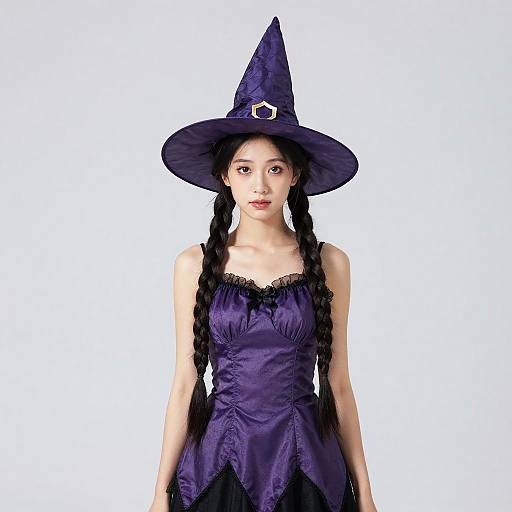 Digital illustration of an Asian woman with long black braids, wearing a purple witch hat and dress, standing against a white background.