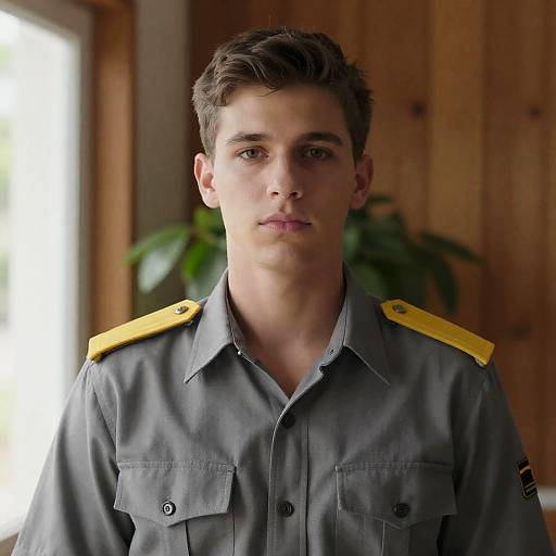 Serious Young Man in Military Shirt