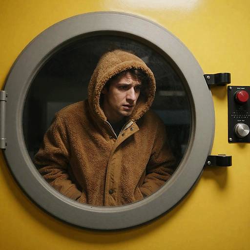 Worried Man Peeking from Industrial Dryer