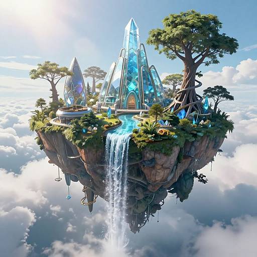 Fantastical floating island with glowing crystal spires, cascading waterfall, lush greenery, and towering trees, set against a bright blue sky with