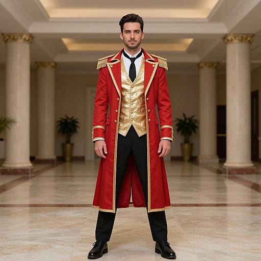 Photograph of a man in a red and gold regal coat, black pants, white shirt, black tie, standing in a luxurious marble hall with