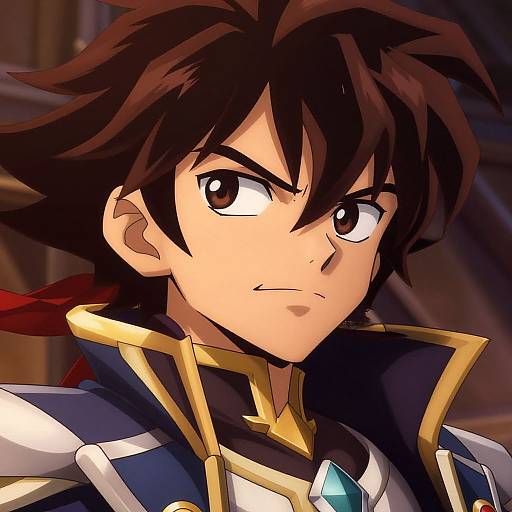 Digital anime-style portrait of a determined young man with brown spiky hair, brown eyes, wearing a blue and gold armored jacket.