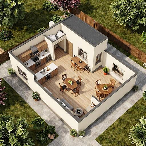 Aerial view of a small, modern, white courtyard house with wooden deck, two round dining tables, four chairs, kitchen, and barbecue. Sur