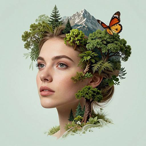 Digital artwork of a fair-skinned woman with green forest crown, mountains, pine trees, and orange butterfly on her head.