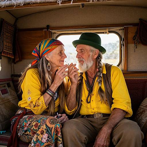 Photograph of an elderly white couple in a vintage camper, both wearing yellow shirts, colorful headscarves, and vests, smiling intimately. Bright sunlight