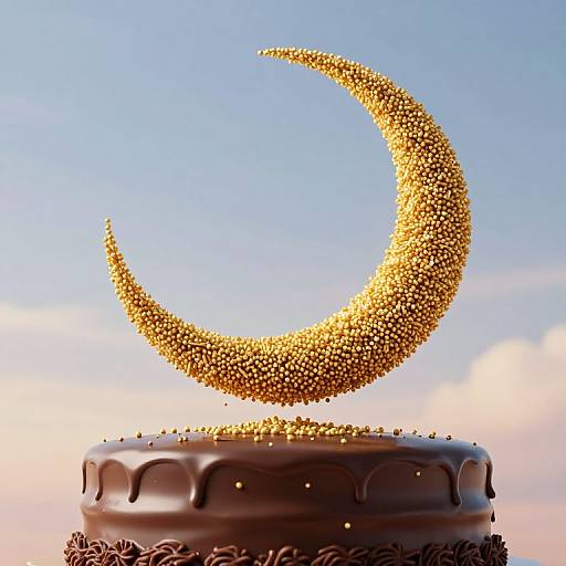 Photograph of a chocolate cake with a golden, glittery crescent moon decoration on top, set against a clear blue sky.