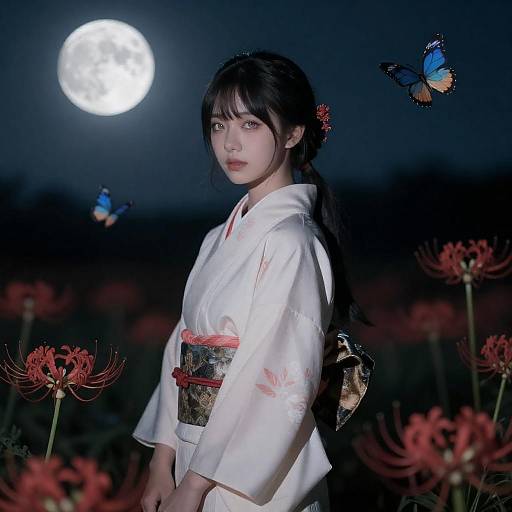 Moonlit Kimono Ghost with Glowing Eyes