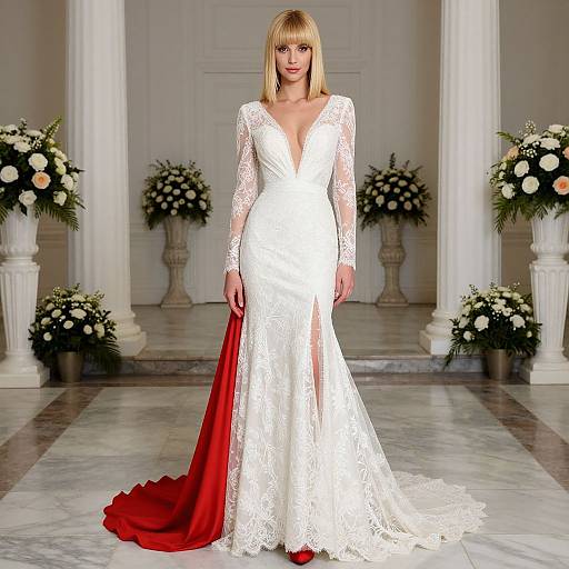 Photograph of a blonde woman with straight bangs in a white lace wedding dress with long sleeves and a deep V-neck, featuring a red satin train
