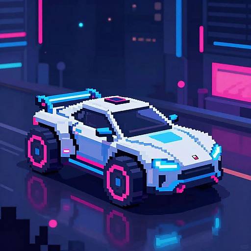 Pixel art of a neon-lit, futuristic white sports car with blue and pink accents, driving on a glossy, reflective street at night.