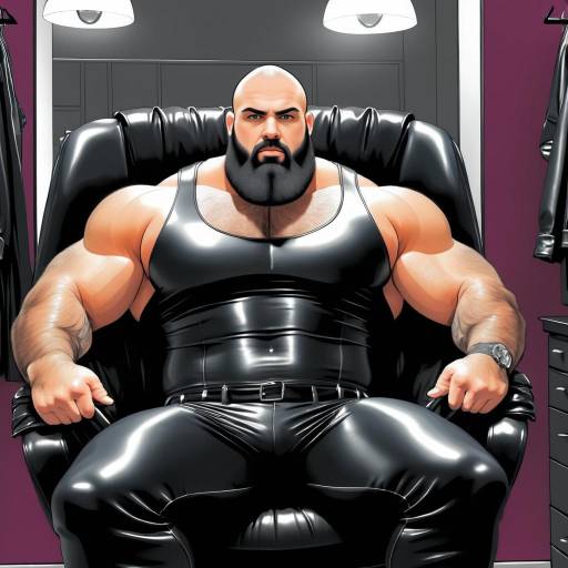 Muscular Man in Black Leather Outfit Sitting