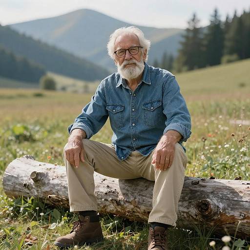 Elderly Man Sitting on Log in Mountain Meadow