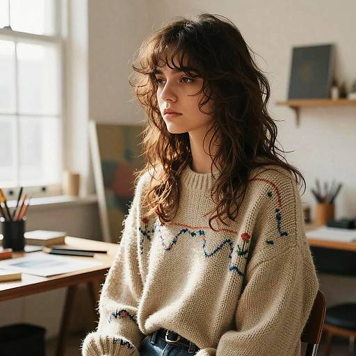 Young Female Artist with Textured Layers Hairstyle in Studio
