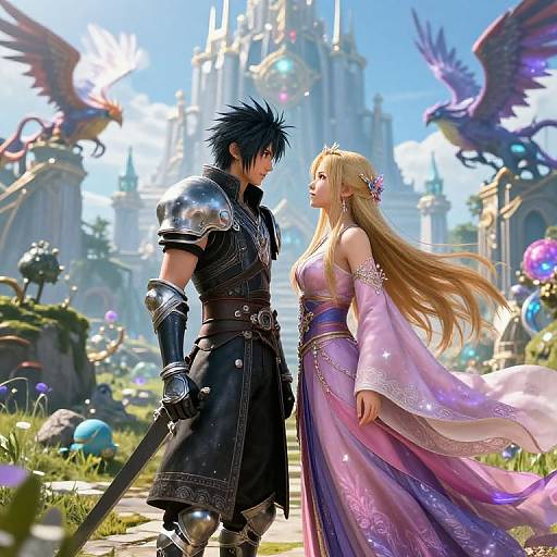 Fantasy CGI scene: Muscular male warrior with black spiky hair and armor faces elegant blonde princess in pink gown, standing before a grand castle with