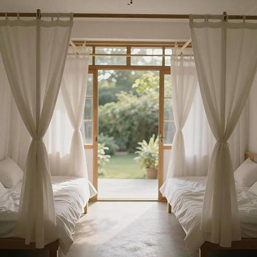 Cozy Sunlit Room with Canopy Beds
