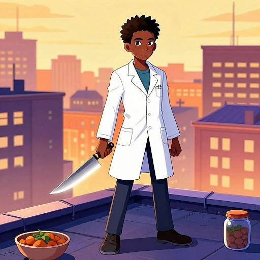 Digital illustration of a young black male doctor with short curly hair, wearing a white lab coat, holding a knife, standing on a rooftop with a city