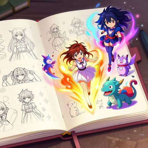 Anime-style illustration of two female characters, one with blue hair and the other with brown hair, bringing sketches to life with colorful, magical energy in an