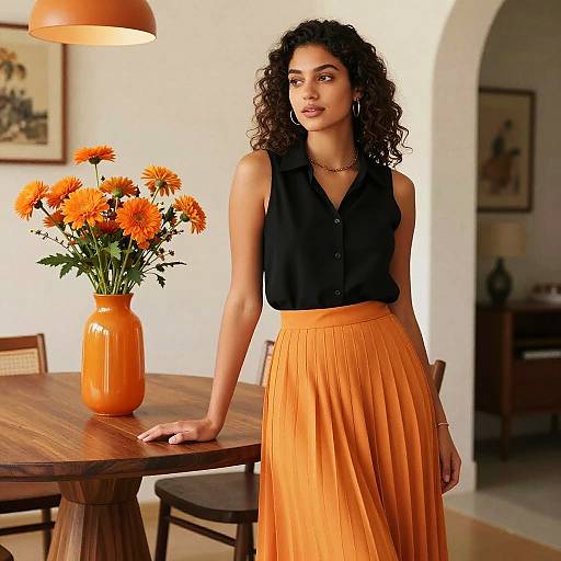 Photograph of a curly-haired woman in a black sleeveless blouse and orange pleated skirt, leaning on a wooden table with an orange vase of orange