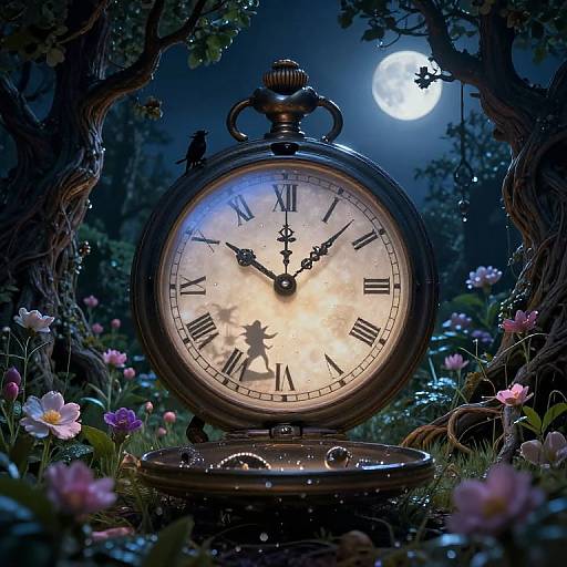Magical night scene: vintage pocket watch with glowing face, silhouetted figure, and two black birds, under full moon, surrounded by blo