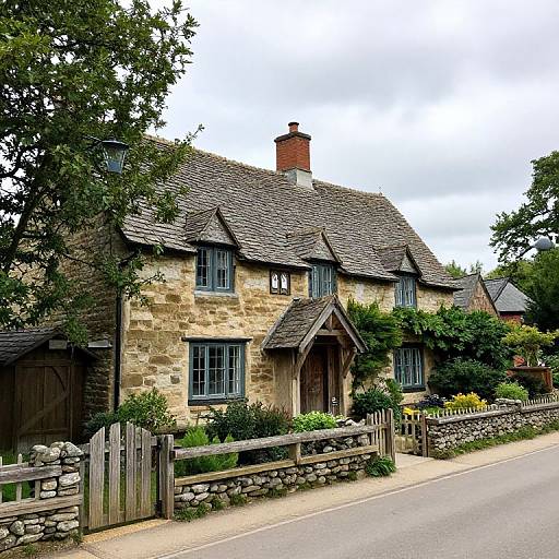 Photograph of a charming, rustic stone cottage with a steep, shingle roof, wooden door, and ivy-covered walls, surrounded by a stone
