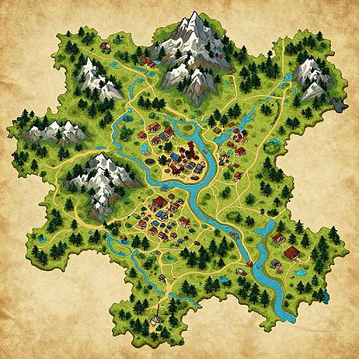 Digital map-style illustration of a vibrant, mountainous village with winding rivers, scattered houses, and green forests on a yellow, parchment-like background.