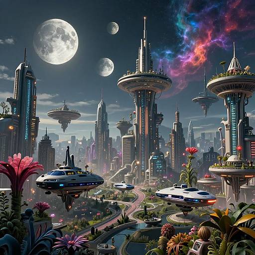 Digital artwork of a futuristic cityscape with floating skyscrapers, hover cars, and vibrant flora under a moonlit sky with colorful nebula.