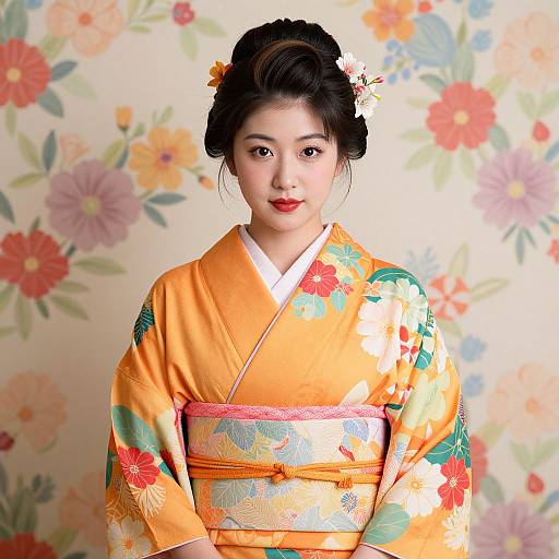 Photograph of an Asian woman in an orange floral kimono with a pink obi, black hair in an updo, red lipstick, standing against