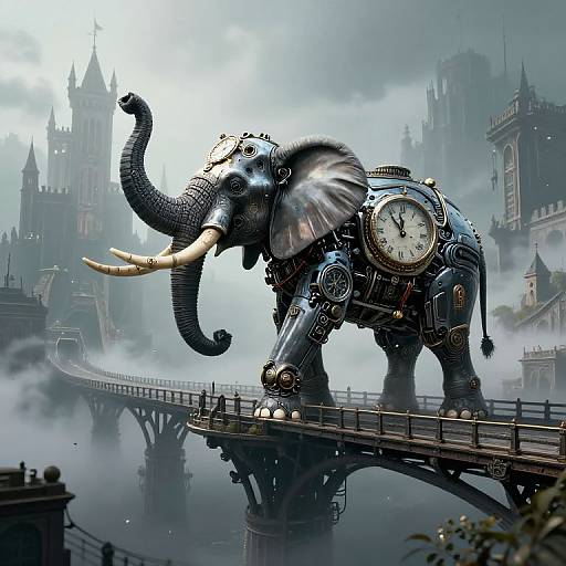 Cyberpunk Clockwork Elephant Surreal Art