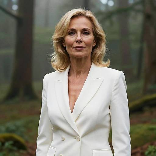 Photograph of a blonde, middle-aged woman with wavy hair, wearing a white, V-neck blazer, standing in a misty forest.
