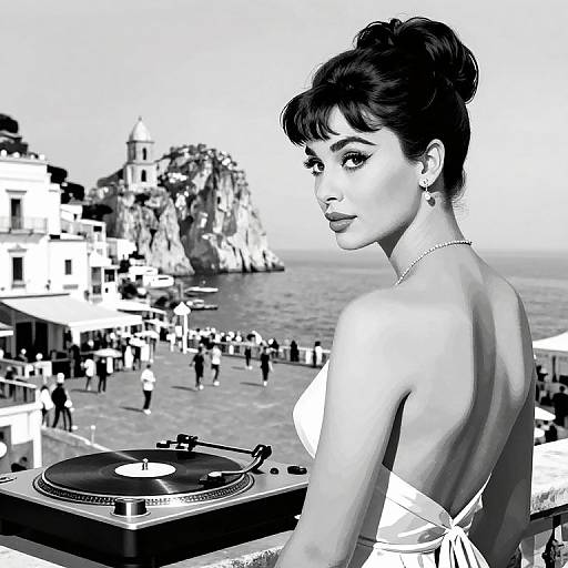 Black-and-white photograph of a glamorous woman with an updo, wearing a strapless dress, standing by a DJ turntable overlooking a coastal town with