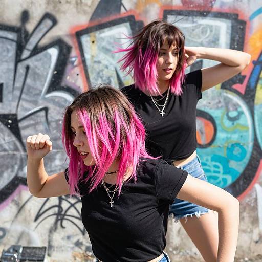 Photograph of two young women with pink-dyed hair, wearing black t-shirts and denim shorts, dancing in front of colorful graffiti.