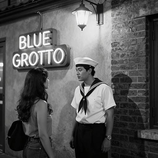 Nighttime Street Scene with Sailor and Neon
