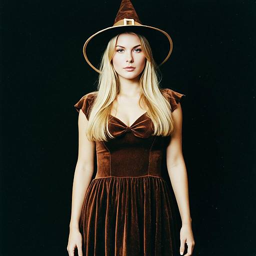 Blonde woman in brown witch Halloween costume