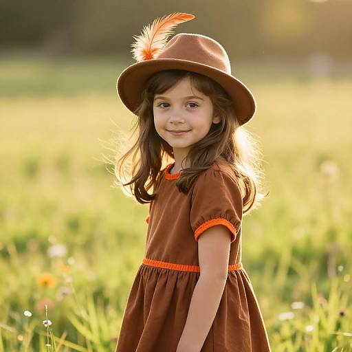 Photograph of a young girl with light brown skin, wearing a brown dress and hat with an orange trim and feather, standing in a sunlit,