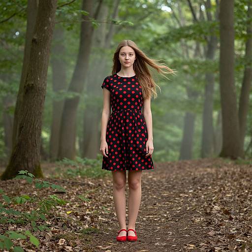 Photograph of a young girl with long brown hair, wearing a black dress with red polka dots, red shoes, standing on a forest path covered