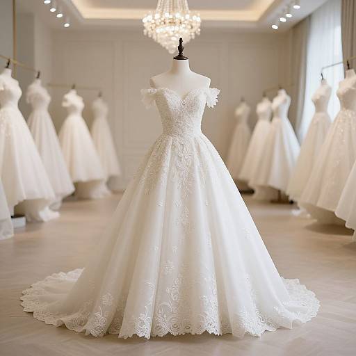 Photograph of an elegant white lace wedding dress on a mannequin in a bright, upscale bridal boutique with chandelier lighting.
