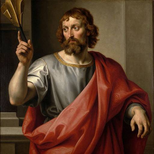Baroque-style painting of a bearded, curly-haired man with fair skin, wearing a silver tunic and red robe, holding a gold fan,