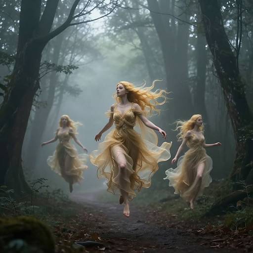 Digital fantasy artwork of three ethereal, blonde women in flowing, translucent yellow gowns, running joyfully through a misty, dark forest path.