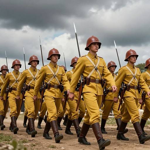 Photograph of a line of uniformed soldiers in yellow uniforms and brown helmets, marching with rifles, under a cloudy sky.