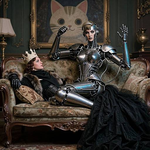 Photograph-like digital art of a human woman in a black gown and crown, and a robotic woman, lounging on an ornate couch, with