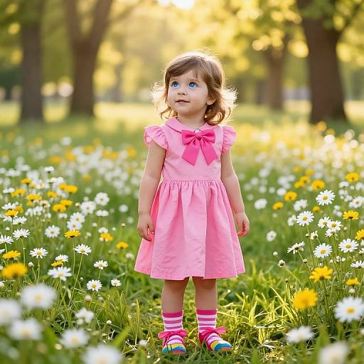 Photograph of a curious young girl in a pink dress and striped socks standing in a sunlit meadow of white and yellow daisies.