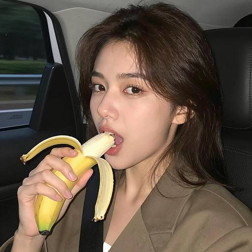 Focused Woman Enjoying a Banana at Night