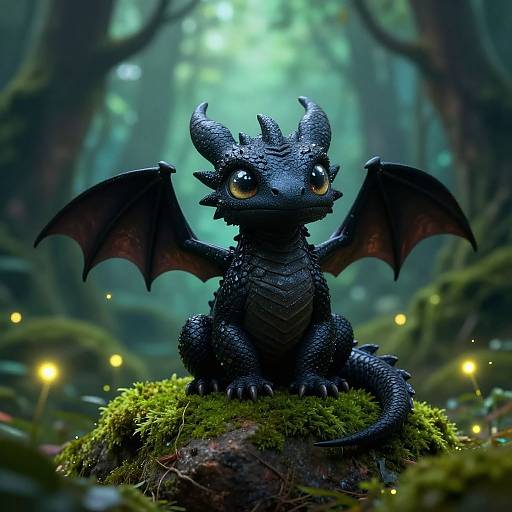 Digital artwork of a cute, small, black dragon with large yellow eyes, tiny horns, and red-tinted wings, sitting on a mossy