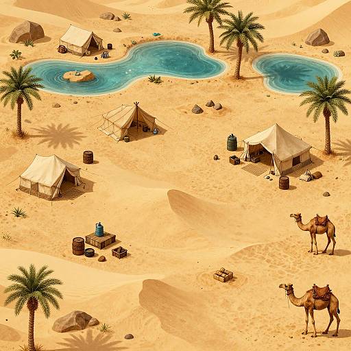Isometric digital illustration of a desert camp with three tents, two oases, palm trees, a camel, barrels, and a blue water jug.