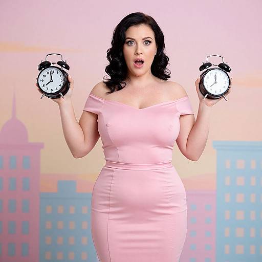 Photograph of a curvy, fair-skinned woman with black curly hair, wearing an off-shoulder pink dress, holding two alarm clocks,