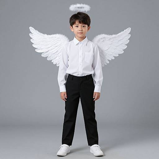 Photograph of a young Asian boy with black hair, wearing a white shirt, black pants, white sneakers, and white angel wings with a halo.
