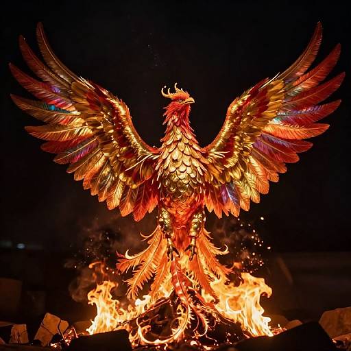 Photograph of a fiery, multicolored phoenix with outstretched wings, standing in a blazing fire against a dark night sky.