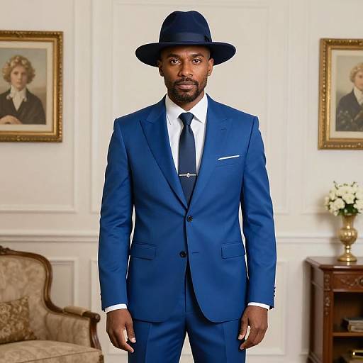 Photograph of a Black man in a sharp blue suit, black tie, and matching hat, standing in an elegant room with framed portraits and a floral