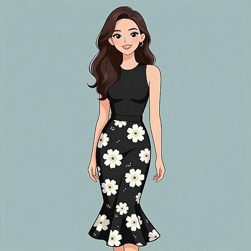 Digital illustration of a smiling woman with long brown hair, wearing a black sleeveless top and black floral skirt, standing against a light blue background.